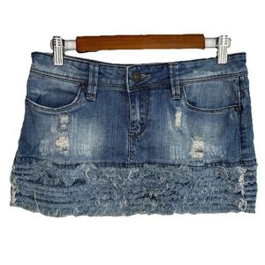 Vintage Y2K Dollhouse Micro Mini Fringe‎ Denim Skirt Size 7